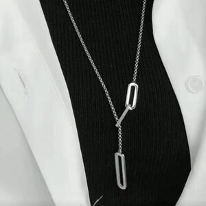 Silver Plated Stainless Steel Paperclip Lariat Necklace Minimalist Drop Chain